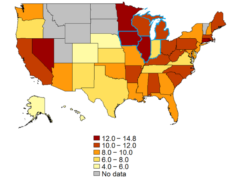 Map 1. Unemployment rate of blacks in the United States and states in the Seventh District, 2015