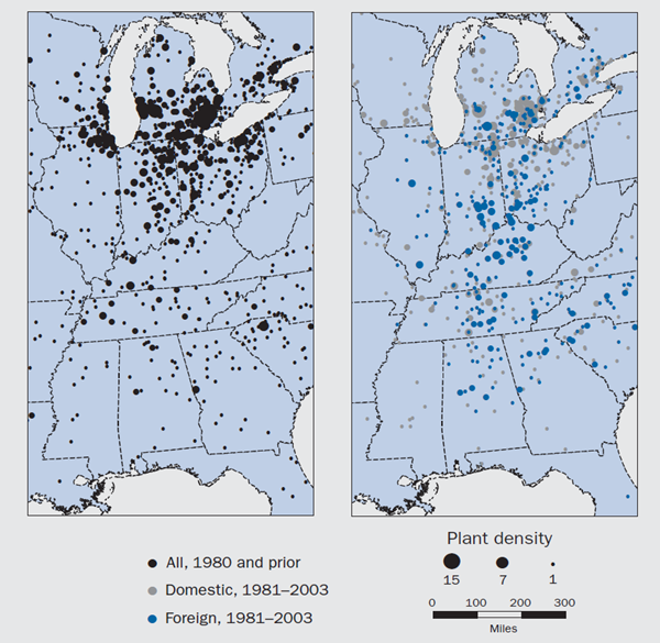 Figure 3 depicts the locations of auto parts suppliers in the Midwest. It shows the changes between 1980 and prior and 1981-2003 for domestic and foreign companies.
