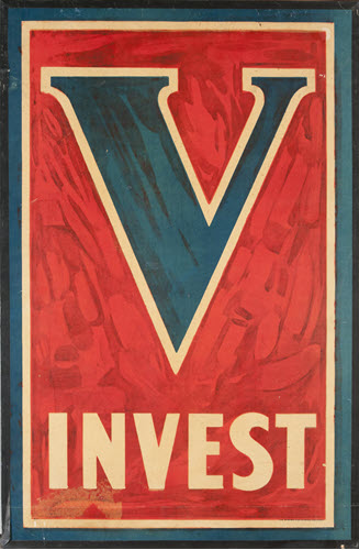 A red poster with the letter V and the word INVEST.
