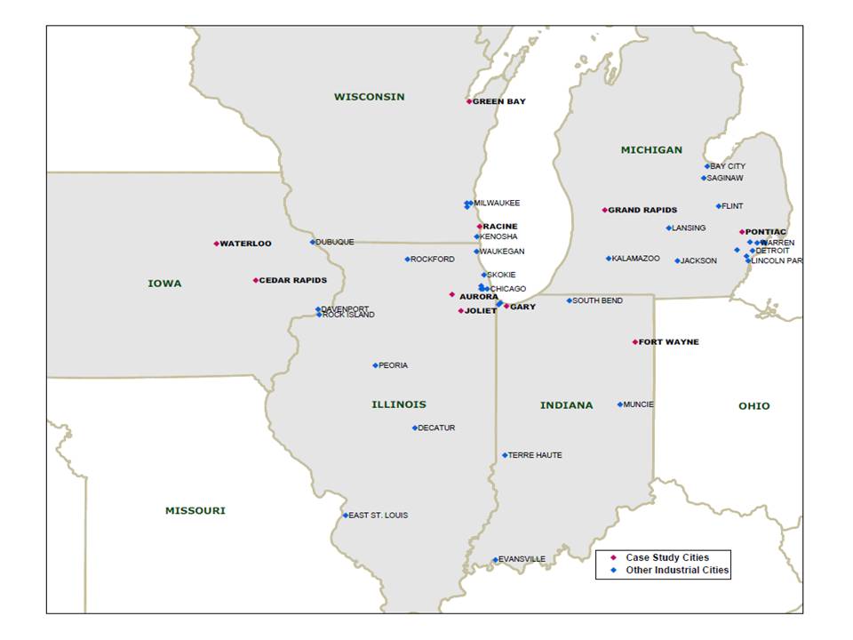 Map showing the ten cities involved in the Industrial Cities Initiative (Cedar Rapids, IA; Waterloo, IA; Aurora, IL; Joliet, IL; Fort Wayne, IN; Gary, IN; Grand Rapids, MI; Pontiac, MI; Green Bay, WI; and Racine, WI), plus other industrial cities not involved in the study.