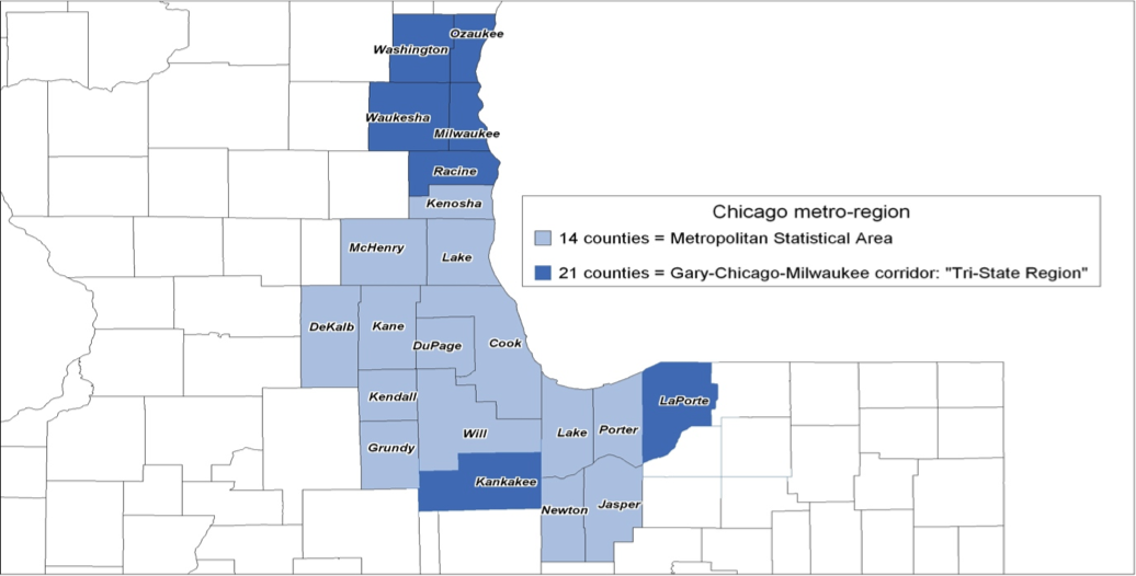 County map of the Chicago metro region. There are 14 counties in the Metropolitan Statistical Area, and 21 counties in the 'tri-state' region