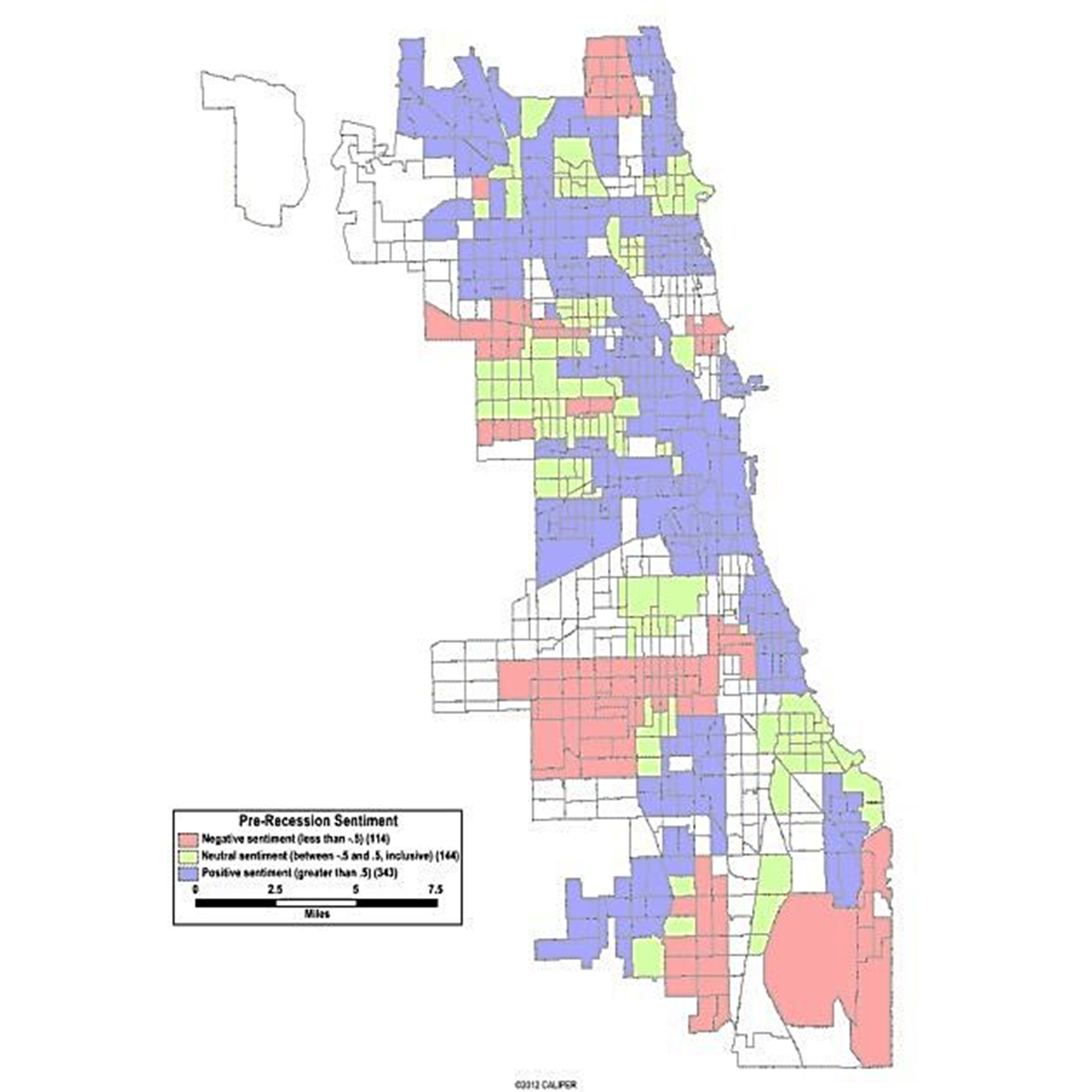 Map showing pre-recession sentiment of various Chicago neighborhoods. Most neighborhoods report positive sentiment, although there are pockets of negative sentiment, particularly in the south. 
