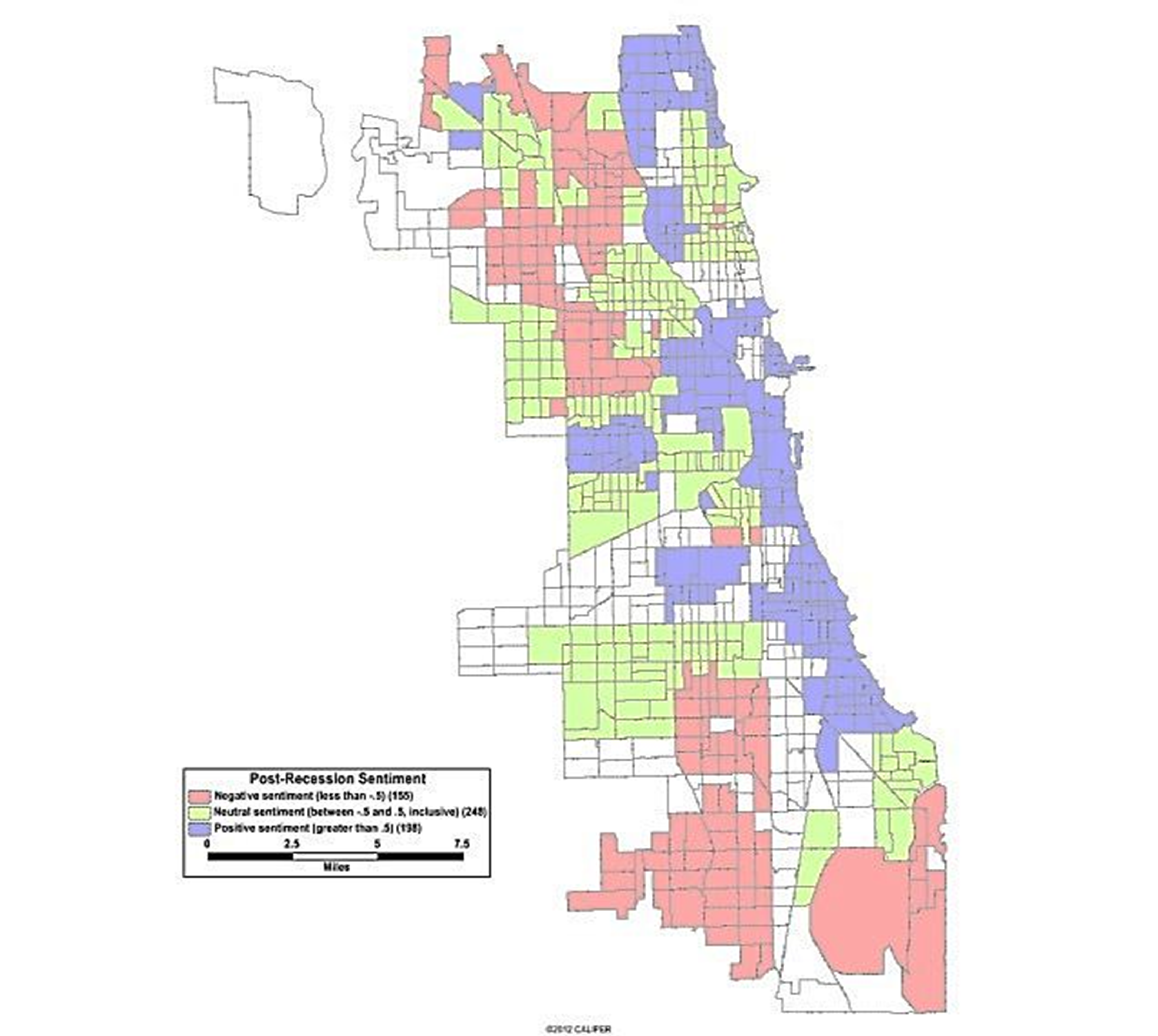 Map showing post-recession sentiment of various Chicago neighborhood. Most neighborhoods report negative or neutral sentiment, but there are still pockets of positivist, mostly on the lake shore. 