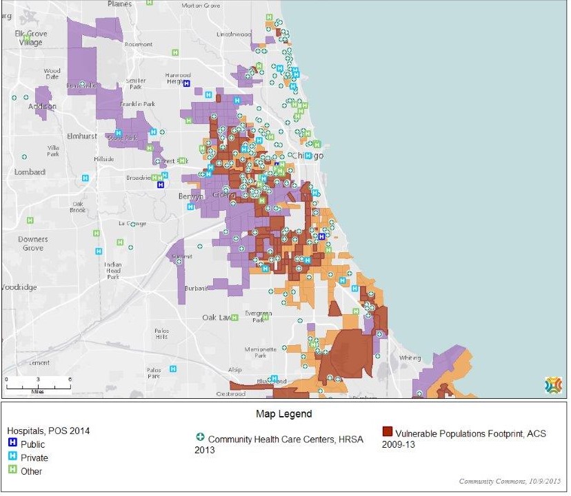 Map showing Chicago metro places where greater than 25 percent of the population does not have a high school diploma, where greater than 30 percent of the population is below the poverty level, and areas where both of those conditions co-exists