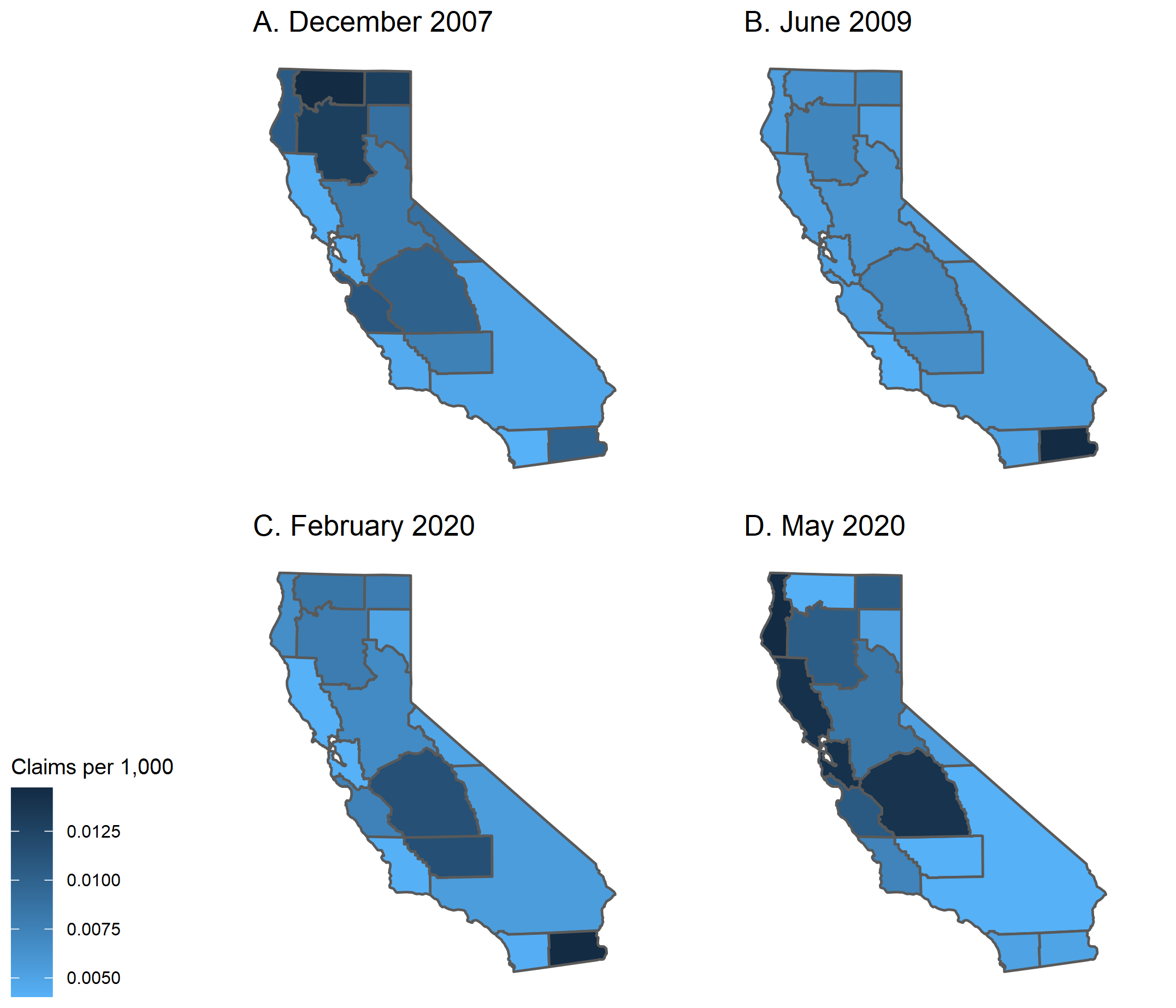 Figure 1 shows heat maps for the level of initial unemployment insurance claims per 1,000 residents for metro areas within California for the months corresponding to the start and end of the 2007–09 recession and the start of the current recession and May 2020. There is a large degree of heterogeneity across metro areas—both across and within the two different recessions.