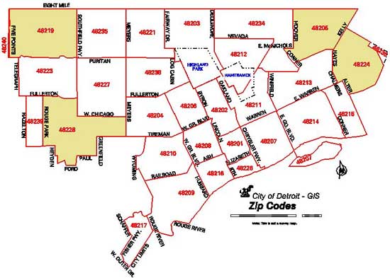 Map of zip codes in Detroit, Michigan