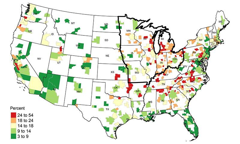Metro areas with large shares of employment in manufacturing are primarily in the Midwest and South, and many of them experienced slow or even negative employment growth over the past 20 years.
