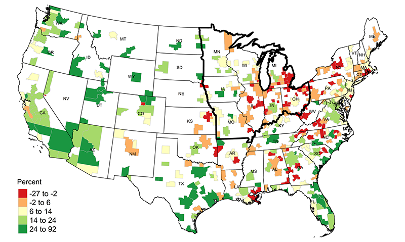 Metro areas with large shares of employment in manufacturing are primarily in the Midwest and South, and many of them experienced slow or even negative employment growth over the past 20 years