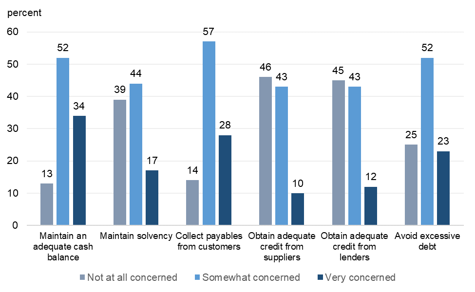 Figure 13 is a bar chart that plots the distribution of survey respondents’ levels of concern regarding the ability of their respective firms to maintain an adequate cash balance, maintain solvency, collect payables from customers, obtain adequate credit from suppliers, obtain adequate credit from lenders, and avoid excessive debt.