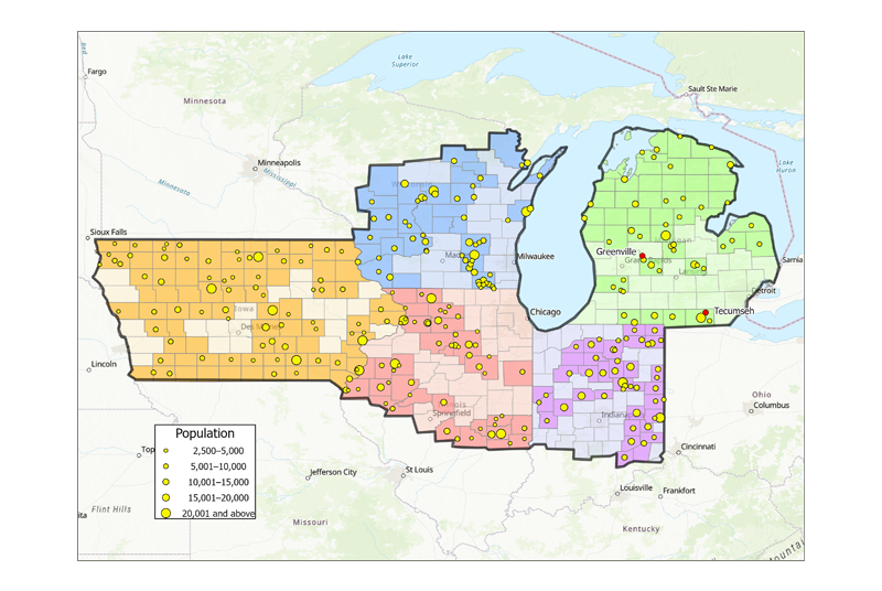 Figure 1 is a map of the Seventh Federal Reserve District plotting nonmetro counties and the urban clusters within these counties, as well as Greenville, Michigan, which is technically located in a metro county.