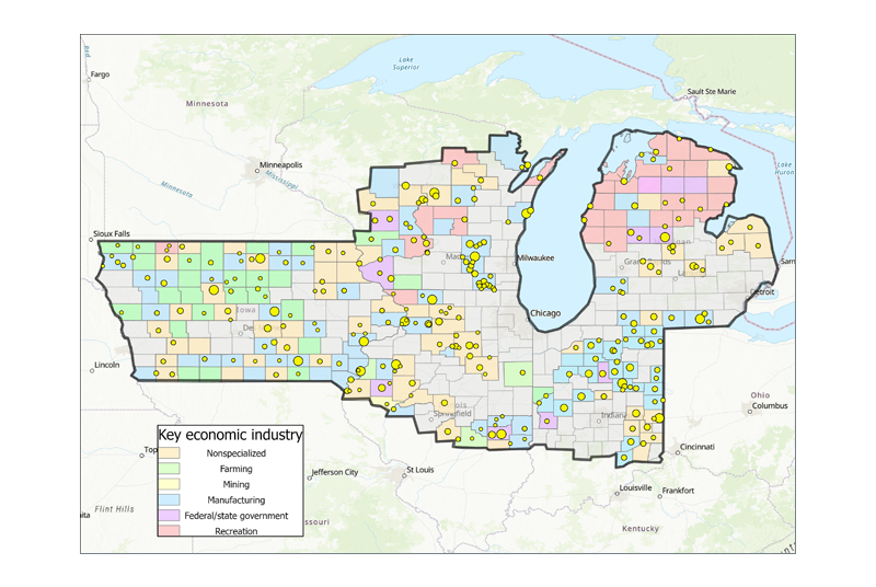 Figure 3 is a map of the Seventh Federal Reserve District plotting nonmetro counties by U.S. Department of Agriculture county economic type (nonspecialized, farming, mining, manufacturing, federal/state government, or recreation). It also features urban clusters within these counties.