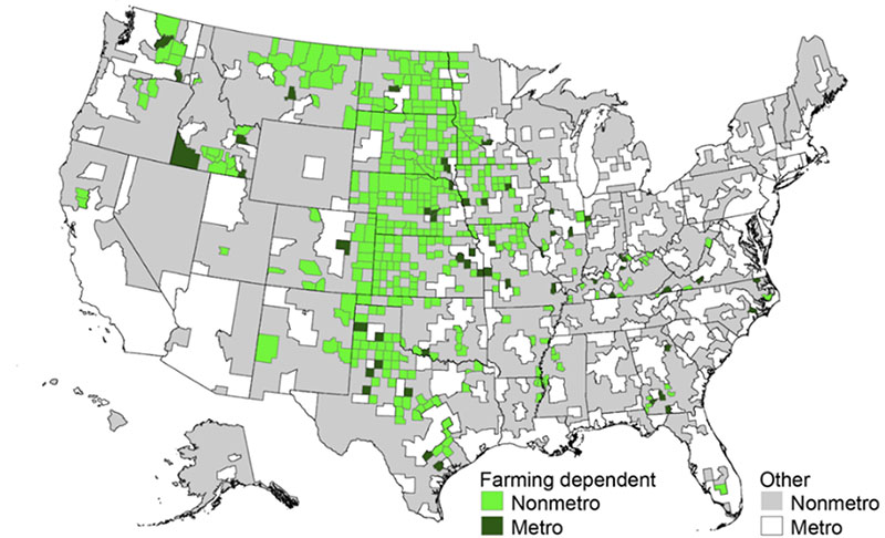 Figure 1 highlights metro and nonmetro counties throughout the Midwest that are dependent on agriculture, as defined by the Economic Research Service (ERS) of the U.S. Department of Agriculture (USDA) based on cutoffs of 25% for income or 16% of employment from farming.