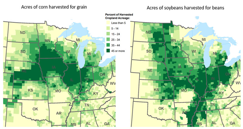 Figure 2 shows the primary counties for corn and soybean production in the U.S., illustrating that the Corn Belt stretches across the Midwest (from Ohio to Nebraska), whereas soybeans are increasingly being planted further to the south and north of this area as well.