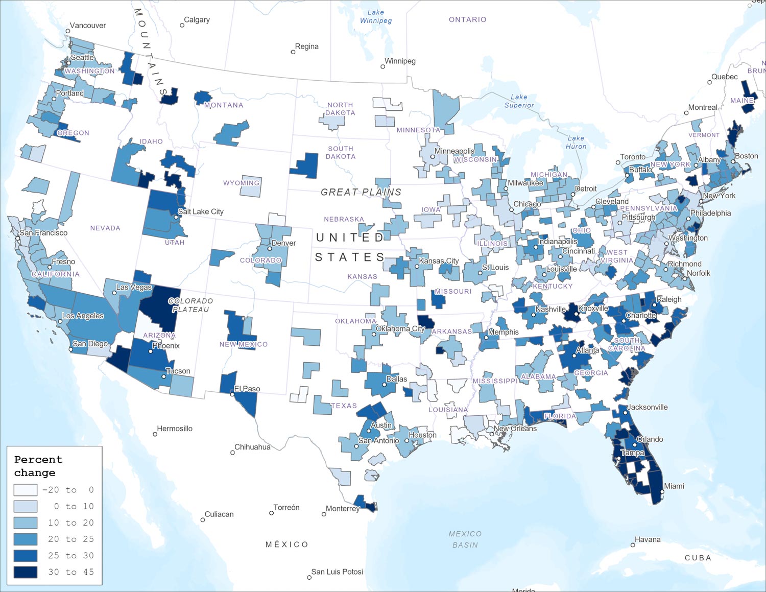 Figure 2 is a map of home price changes in the United States over the period January 2020 through August 2023. Home price changes are greater in the Southeast and Southwest than in other parts of the country.