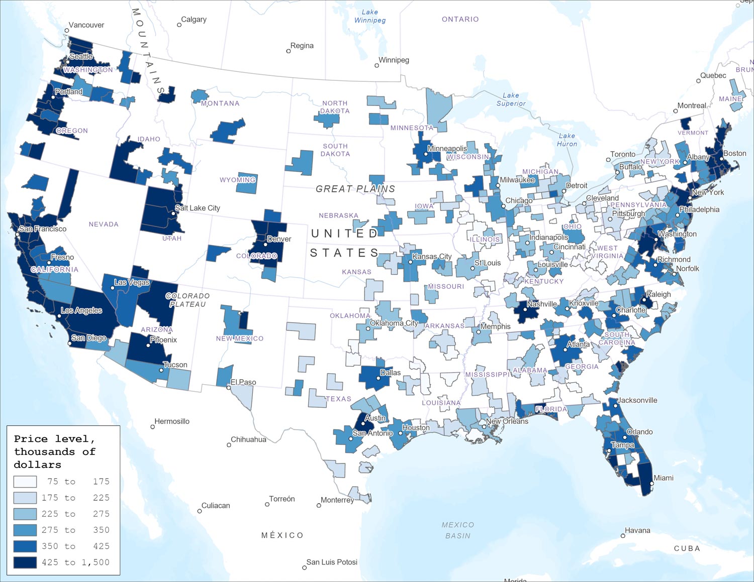 Figure 3 is a map of home price levels in the United States in August 2023. Home price levels are higher along the West and East Coasts than in the middle of the country.