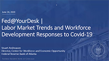 Title slide for the Fed@YourDesk webinar 'Labor Market Trends and Workforce Development Responses to Covid-19' 