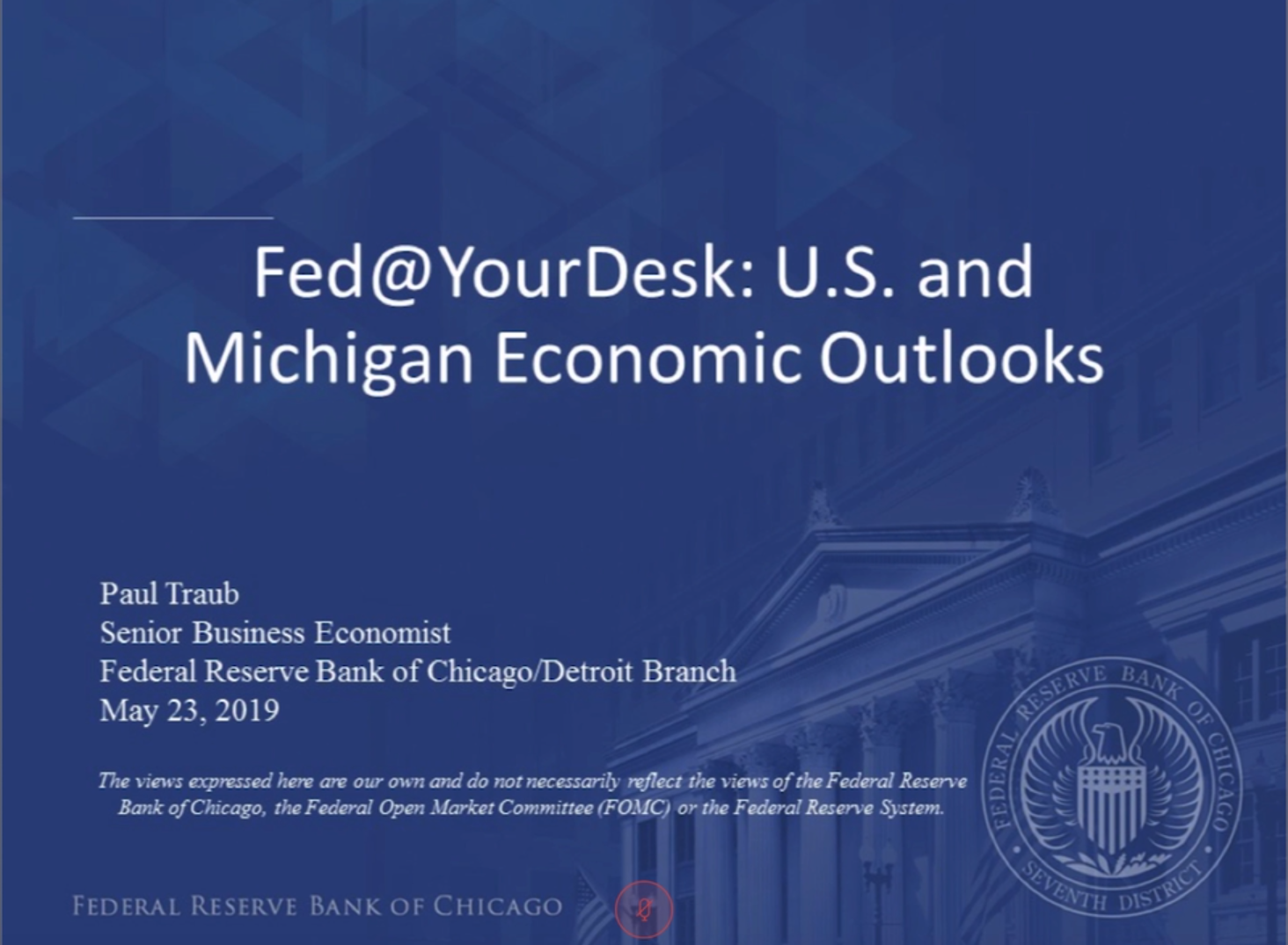 Title slide for the Fed @ Your Desk webinar U.S. and Michigan     Economic Outlooks