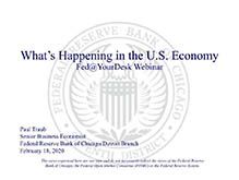 Title slide of the What's Happening in the U.S. Economy webinar, presented by Paul Traub