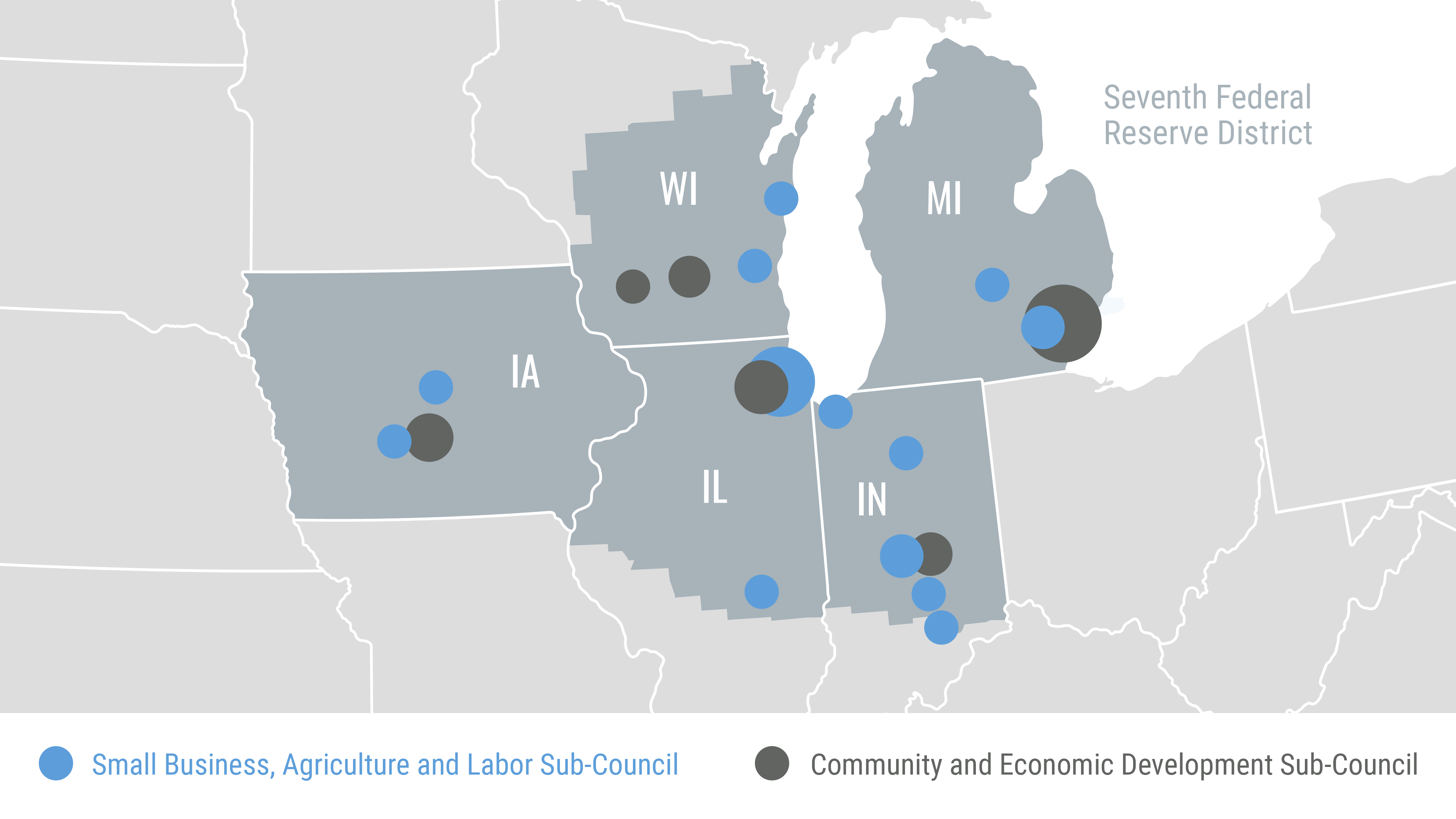 A map of the 7th Federal Reserve District showing the locations of members of the Chicago Fed's Advisory Council on Small Business, Community and Economic Development, Agriculture and Labor.