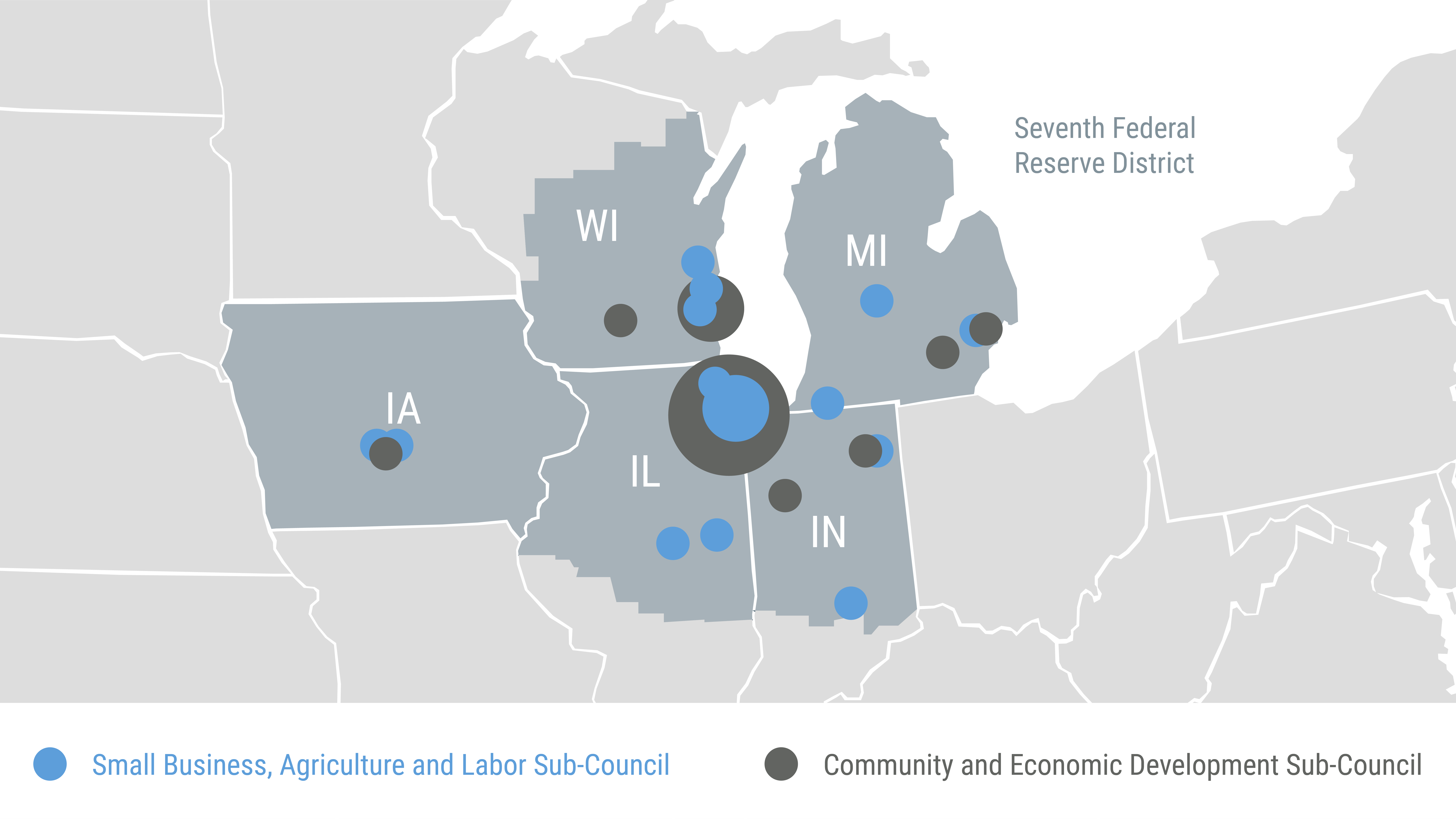 A map of the 7th Federal Reserve District showing the locations of members of the Chicago Fed's Advisory Council on Small Business, Community and Economic Development, Agriculture and Labor.