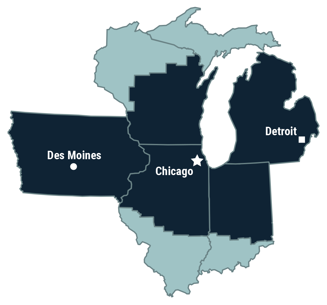 A map showing the 7th Federal Reserve District, its headquarters in Chicago, and its branch offices in Detroit and Des Moines.