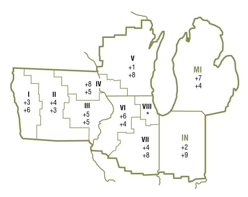 The map shows quarterly and year-over-year percent changes in farmland values for geographical areas within the Seventh Federal Reserve District. There were insufficient survey responses from certain areas, so changes in farmland values are unavailable for these geographical areas.