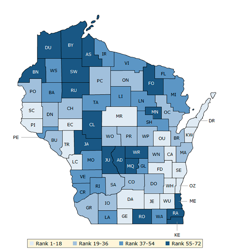 Map 2. Overall rankings in health factors (Wisconsin)