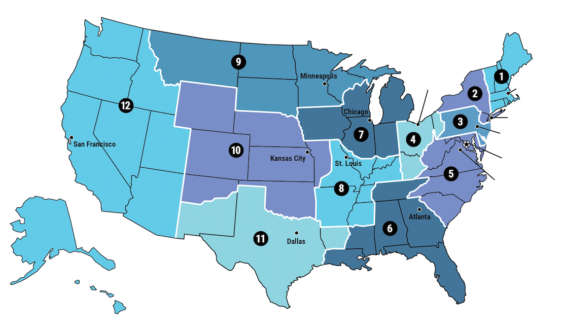 National map of the Federal Reserve Districts.