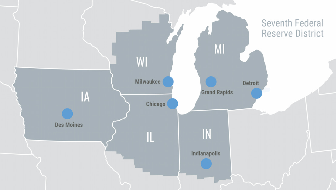 Federal Reserve Bank Seventh District map. The district is highlighted in dark grey including Iowa and counties in Wisoconsin, Illinois, Indiana, and Michigan. The cities of Des Moines, Milwaukee, Chicago, Grand Rapids, Detroit, and Indianapolis are labled and included in the highlighted area. Surrounding states are shown in light grey without labels.