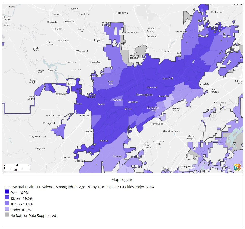 Birmingham, AL: Poor mental health among adults, by tract