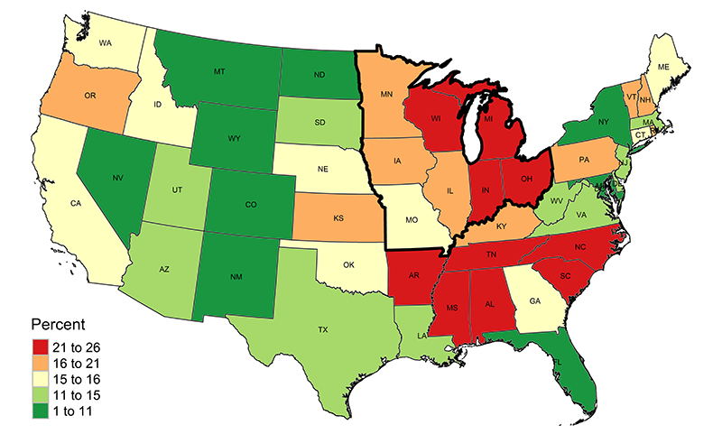 There is a striking relationship between manufacturing’s share of employment and an area’s employment growth.