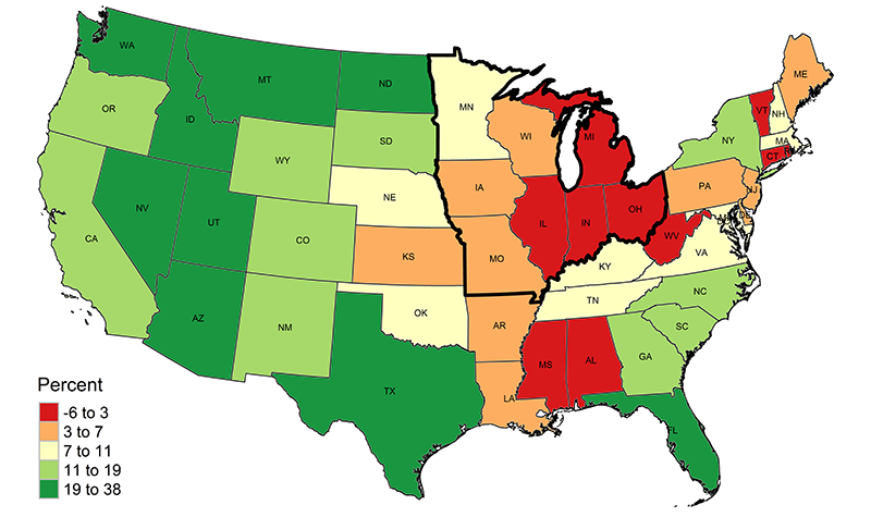 There is a striking relationship between manufacturing’s share of employment and an area’s employment growth