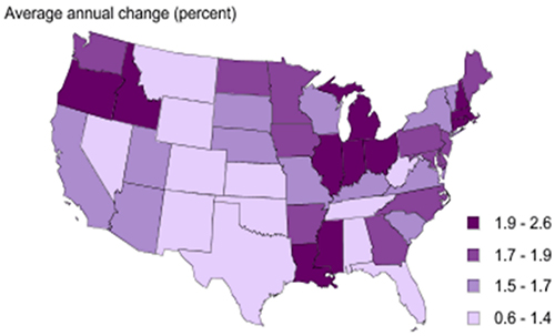 Figure 7 shows the change in agricultural productivity by state for the period of 1960–2004, with average annual growth for the U.S. of 1.76%.
