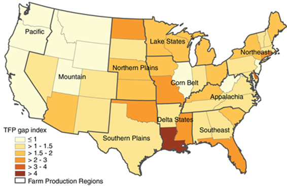 Figure 8 demonstrates the potential effects of a 2-degree Celsius increase in temperature and a 1-inch decrease in precipitation on agricultural productivity by state using a “TFP gap index” that measures the decline rate of total factor productivity (TFP) between the projected period (2030–40) and the reference period (2000–10).