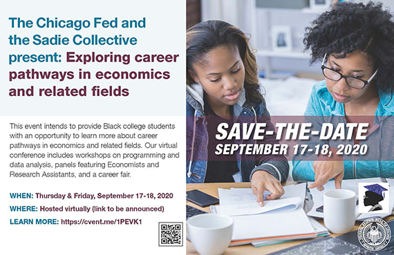 A Save the Date graphic promoting a career event from the Chicago Fed and the Sadie Collective, which was held in September 2020.