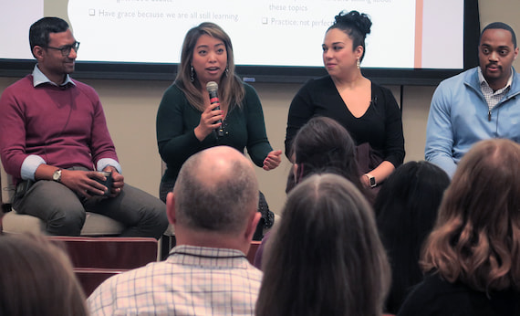 A diverse panel of speakers leads a discussion about diversity and inclusion during one of the Chicago Fed's Empower Hour events.