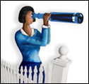 Woman next to white picket fence, peering through spyglass