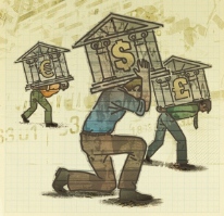 A group of people carrying bank buildings, each with a different currency symbol on it.