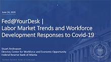 Title slide for the Fed@YourDesk webinar 'Labor Market Trends and Workforce Development Responses to Covid-19'