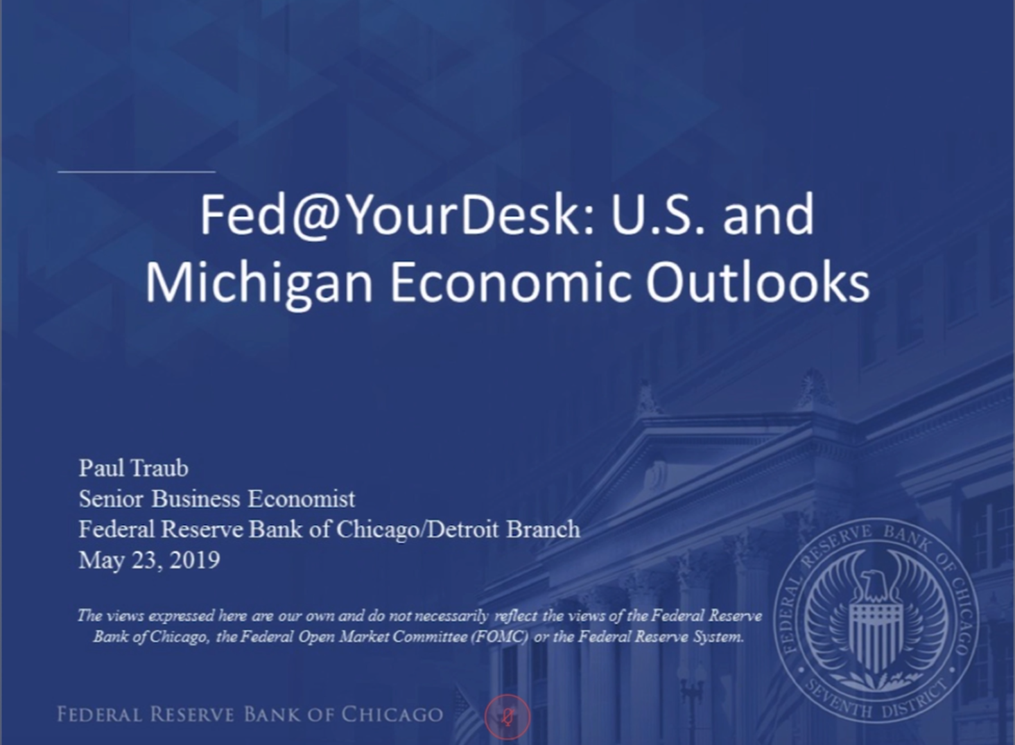 Title slide for the Fed @ Your Desk webinar U.S. and Michigan Economic Outlooks