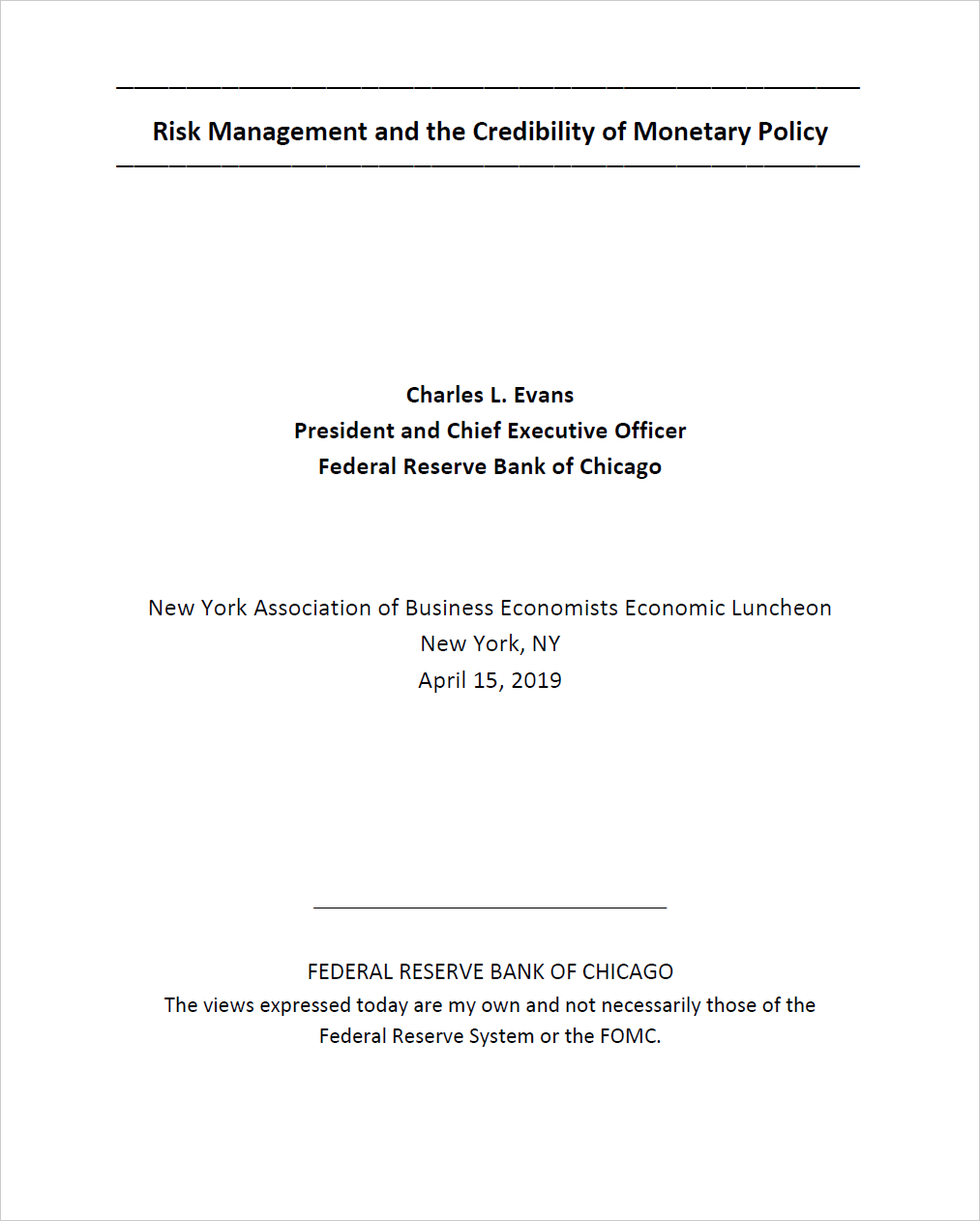 The cover page of a speech from Chicagofed.org.