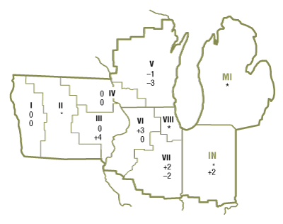 The map shows quarterly and year-over-year percent changes in farmland values for geographical areas within the Seventh Federal Reserve District. There were insufficient survey responses from certain areas, so changes in farmland values are unavailable for these geographical areas.