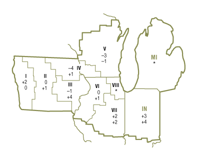 The map shows quarterly and year-over-year percent changes in farmland values for geographical areas within the Seventh Federal Reserve District. There were insufficient survey responses from certain areas, so changes in farmland values are unavailable for these geographical areas.