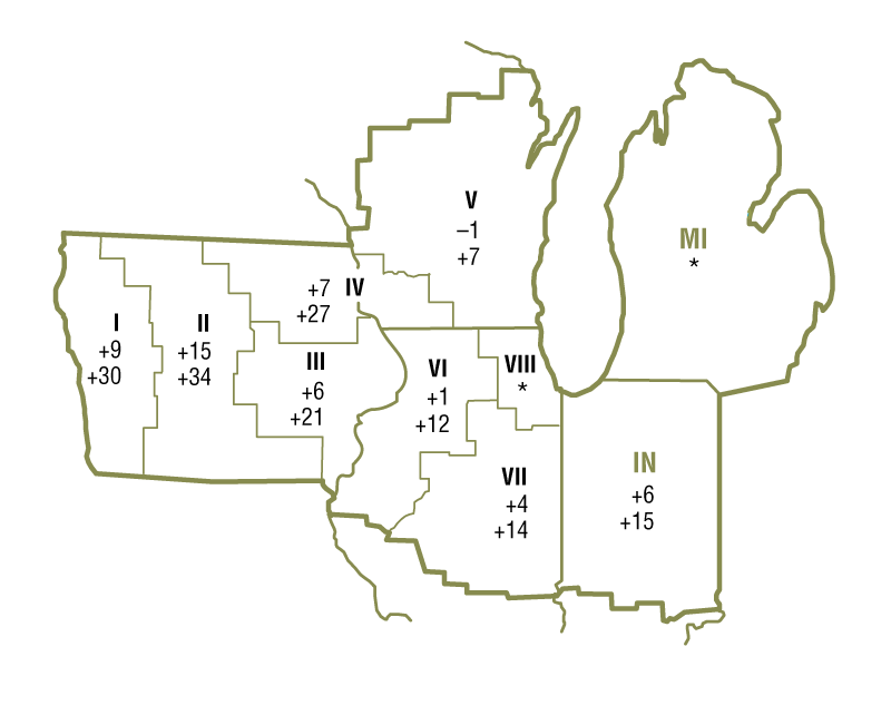 he map shows quarterly and year-over-year percent changes in farmland values for geographical areas within the Seventh Federal Reserve District. There were insufficient survey responses from certain areas, so changes in farmland values are unavailable for these geographical areas.