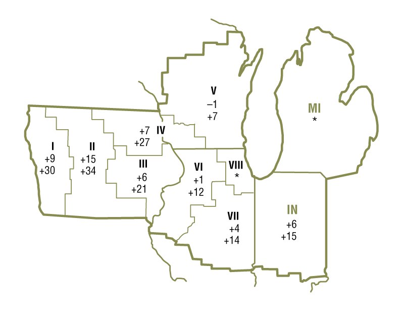 he map shows quarterly and year-over-year percent changes in farmland values for geographical areas within the Seventh Federal District. There were insufficient survey responses from certain areas, so changes in farmland values are unavailable for these geographical areas.
