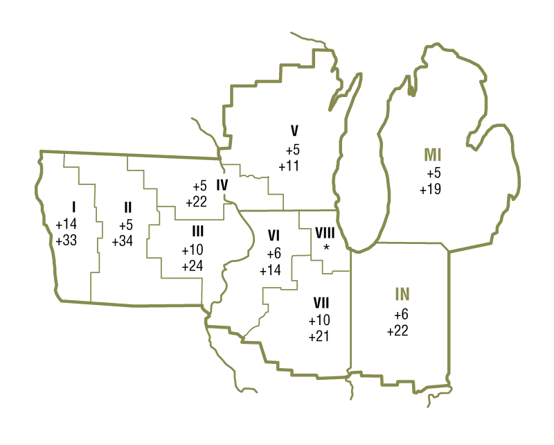 The map shows quarterly and year-over-year percent changes in farmland values for geographical areas within the Seventh Federal Reserve District. There were insufficient amounts of survey responses from certain areas, so changes in farmland values are unavailable for these geographical areas.