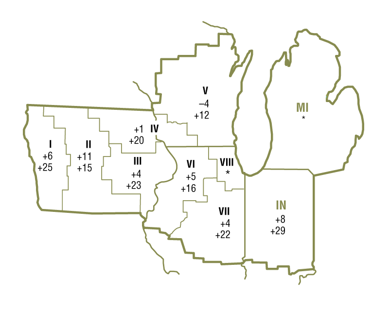 The map shows quarterly and year-over-year percent changes in farmland values for geographical areas within the Seventh Federal Reserve District. There were insufficient amounts of survey responses from certain areas, so changes in farmland values are unavailable for these geographical areas.