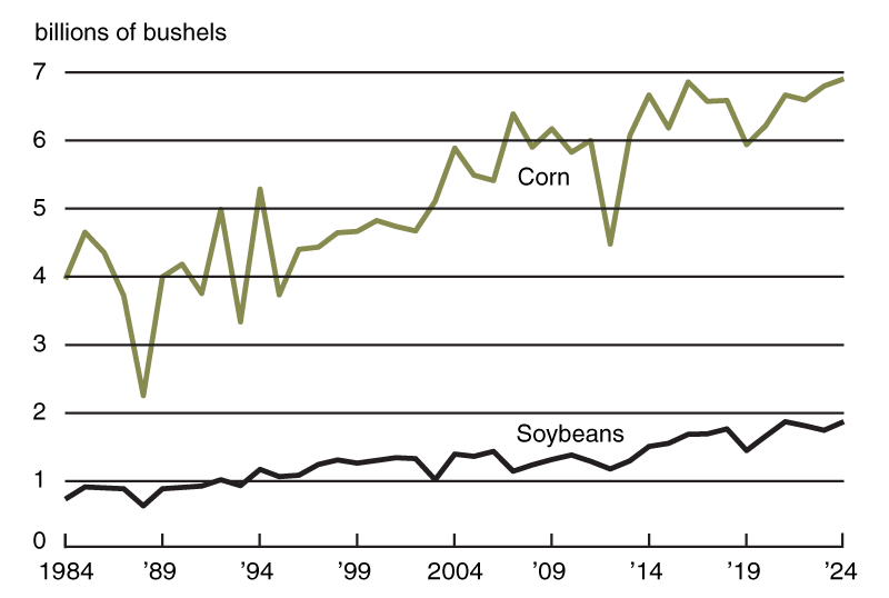 Chart 1 is a line chart that plots corn and soybean production in the Seventh District states from 1984 through 2024. The production of both crops has been trending upward over this period.