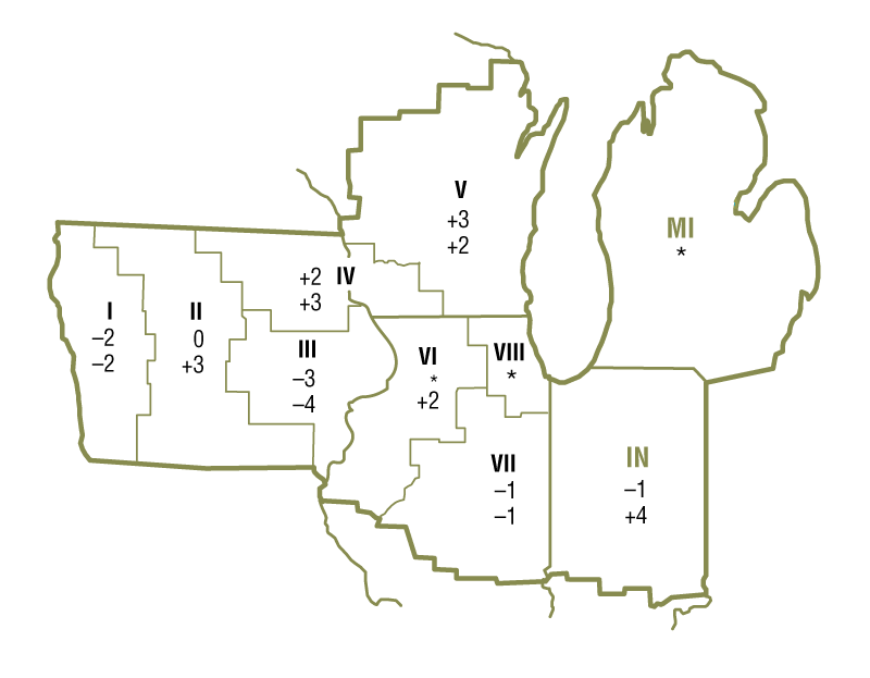 The map shows quarterly and year-over-year percent changes in farmland values for geographical areas within the Seventh Federal Reserve District. There were insufficient survey responses from certain areas, so changes in farmland values are unavailable for these geographical areas.