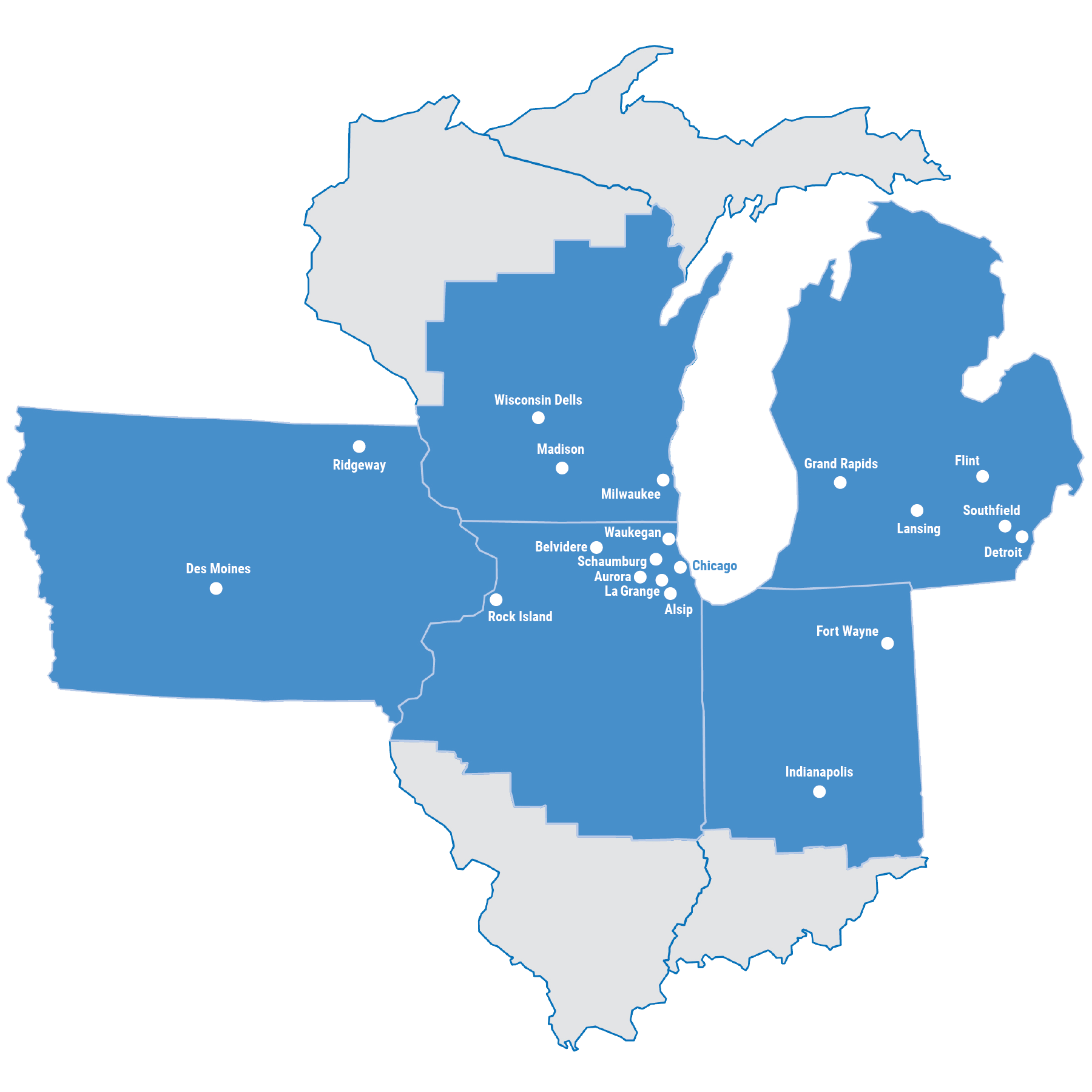 A light blue graphic that outlines the geography of the Chicago Fed’s seventh district, which is made up of Iowa and most of Illinois, Indiana, Wisconsin, and Michigan. The graphic also identifies the 20 cities Chicago Fed speakers visited during 2023.